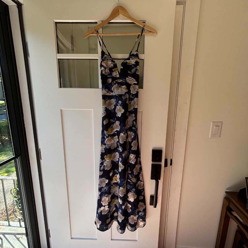 Lulus "Pretty Perspective" Navy Blue Floral Burnout Notched Maxi Dress